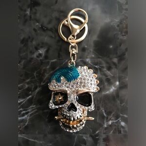 Crystal Skull Bag Charm/Keychain with Gold and Blue Accents